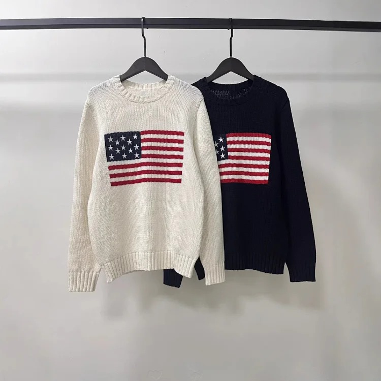 Five-pointed star embroidered striped flag pullover round neck knitted sweater for women for men and women
