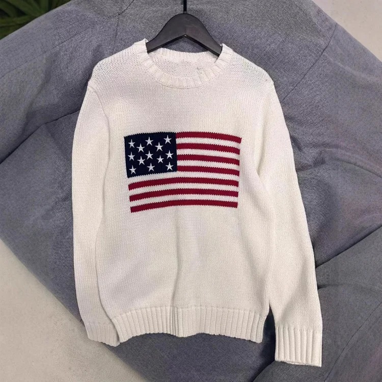 Five-pointed star embroidered striped flag pullover round neck knitted sweater for women for men and women