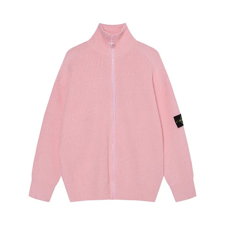 Stone zipper open chest stand collar badge functional knitted sweater for men and women in autumn and winter