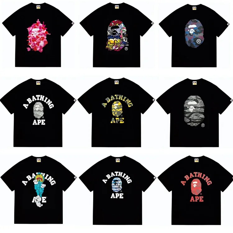 BA summer little monkey camouflage men's and women's short-sleeved round neck T-shirts for men and women Japanese style trend