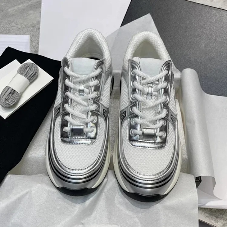 Hermes Xiaoxiangfeng Silver Horn King thick-soled dad shoes 25C leather mesh stitching increased height breathable casual sports for women
