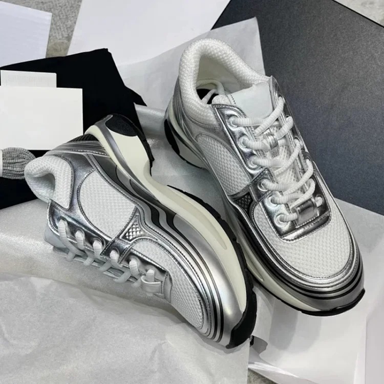 Hermes Xiaoxiangfeng Silver Horn King thick-soled dad shoes 25C leather mesh stitching increased height breathable casual sports for women