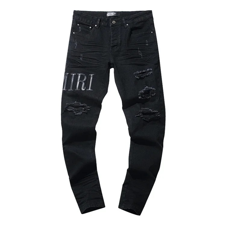 Cross-border foreign trade wholesale purple American high street hole patch trendy retro straight jeans trousers for men