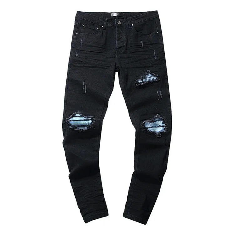 Cross-border foreign trade wholesale purple American high street hole patch trendy retro straight jeans trousers for men