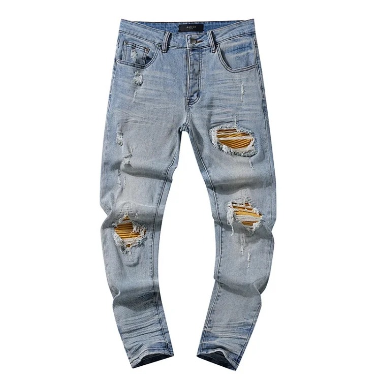 Cross-border foreign trade wholesale purple American high street hole patch trendy retro straight jeans trousers for men