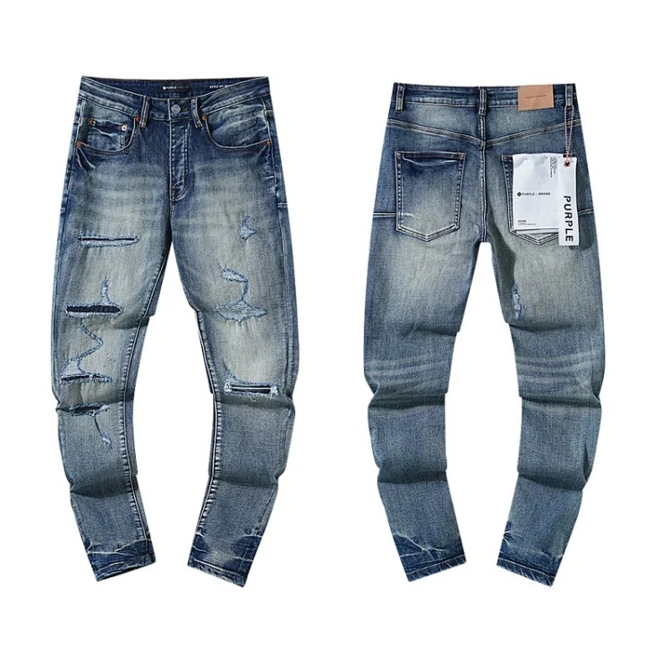 Cross-border foreign trade wholesale purple American high street hole patch trendy retro straight jeans trousers for men