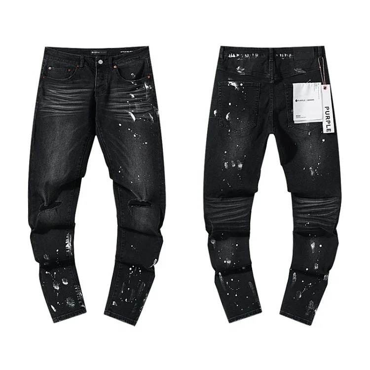 Cross-border foreign trade wholesale purple American high street hole patch trendy retro straight jeans trousers for men