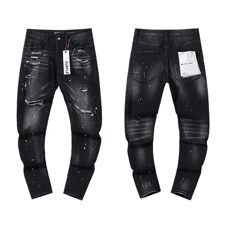 Cross-border foreign trade wholesale purple American high street hole patch trendy retro straight jeans trousers for men
