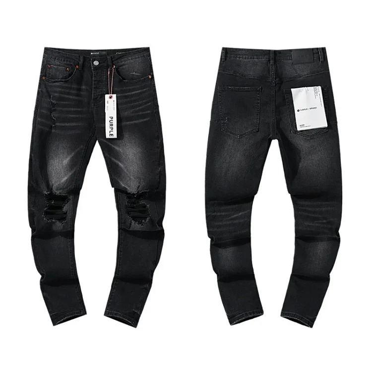 Cross-border foreign trade wholesale purple American high street hole patch trendy retro straight jeans trousers for men