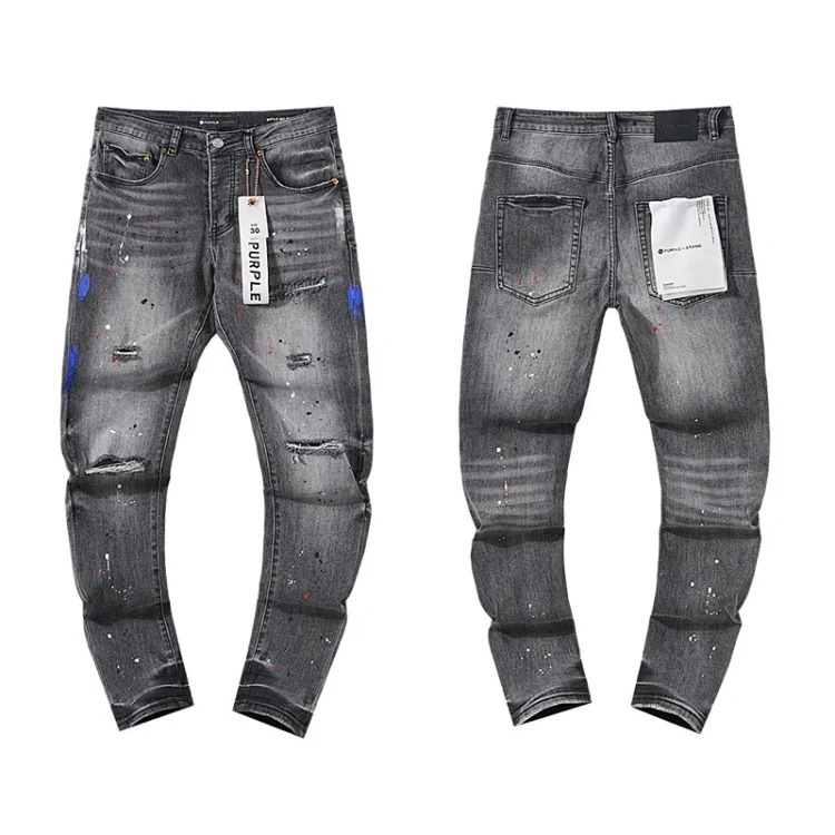 Cross-border foreign trade wholesale purple American high street hole patch trendy retro straight jeans trousers for men