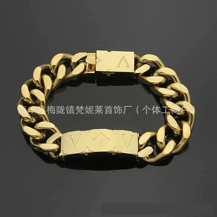 Bracelet Fashionable Cuban Engraved Flower Letter Design Men's European and American Bracelet