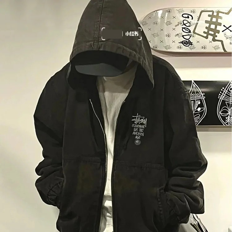Distressed cruising canvas cotton zipper jacket