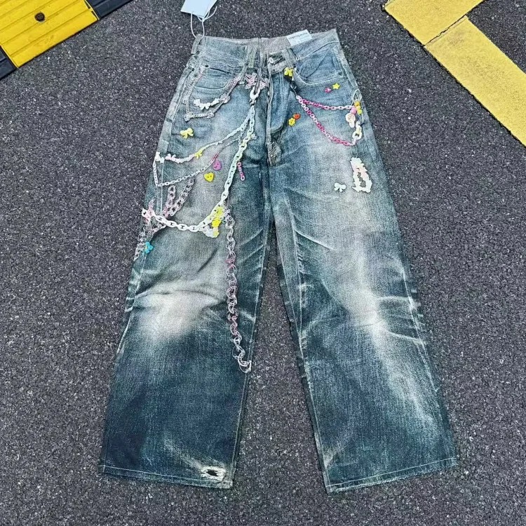 AC faded smudge-dyed wide-leg dirty pants mud-dyed jeans
