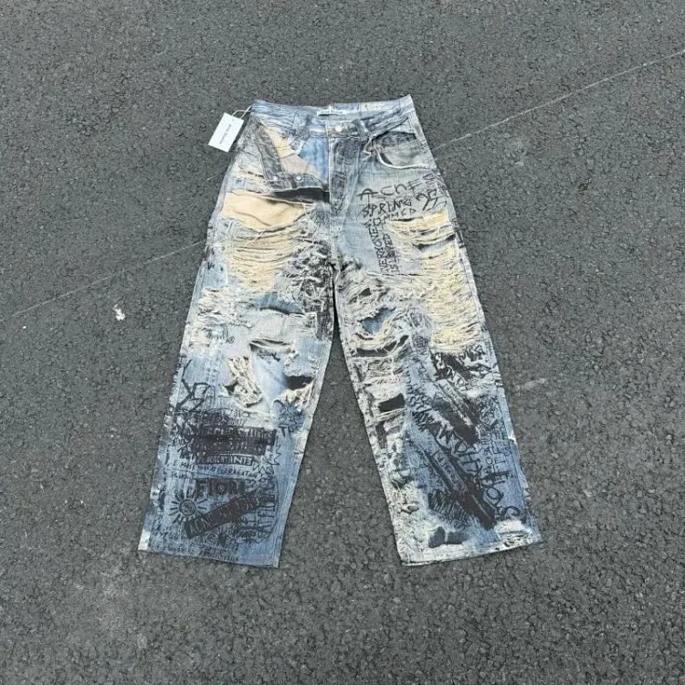 AC faded smudge-dyed wide-leg dirty pants mud-dyed jeans