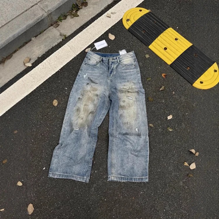 AC faded smudge-dyed wide-leg dirty pants mud-dyed jeans