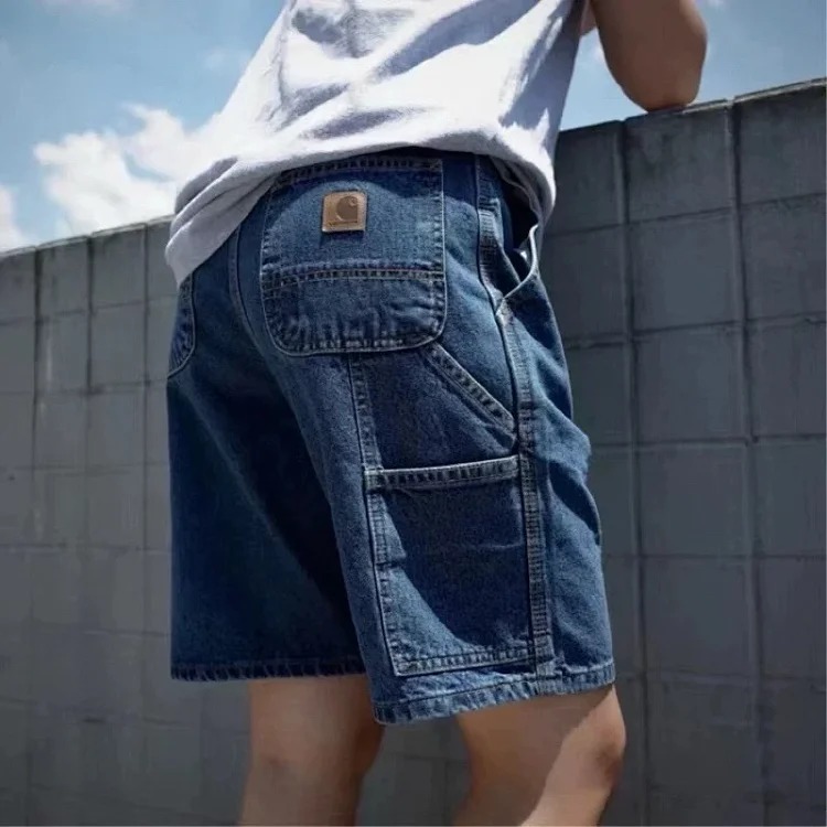 Summer washed solid color workwear denim shorts men's casual street basic all-match shorts