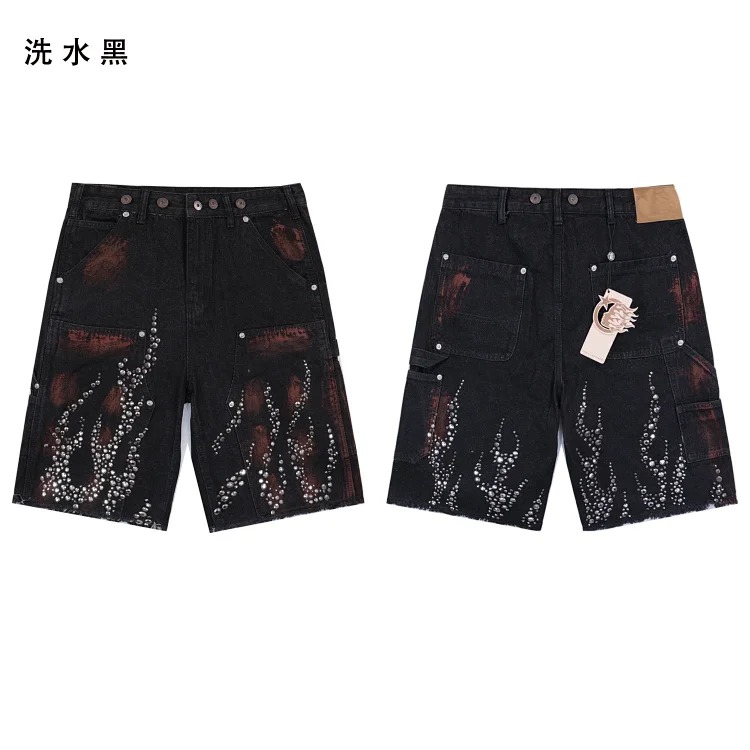 Beautiful trendy hell denim straight-leg five-quarter pants retro casual shorts diamond wash pants street