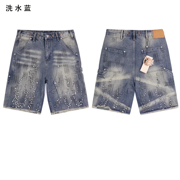 Beautiful trendy hell denim straight-leg five-quarter pants retro casual shorts diamond wash pants street