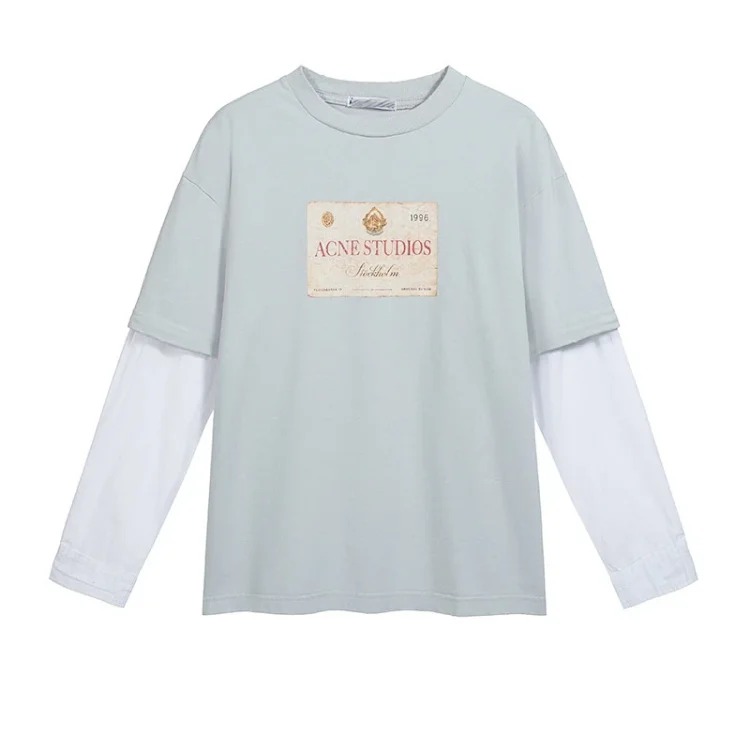 AC retro old worn fake two piece letter long sleeves same style for men and women