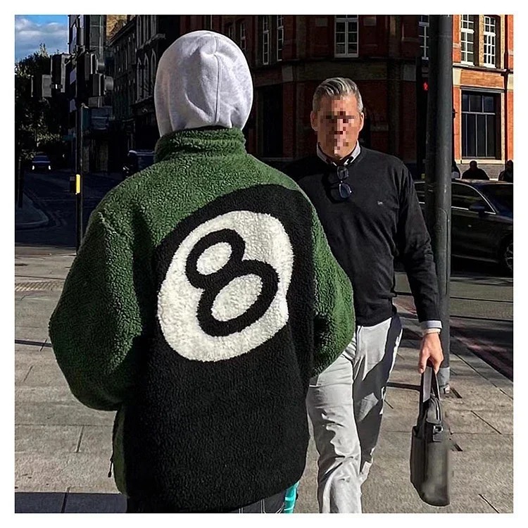 Stussy Black 8-ball imitation lamb wool double-sided coat polar fleece zipper stand collar casual jacket