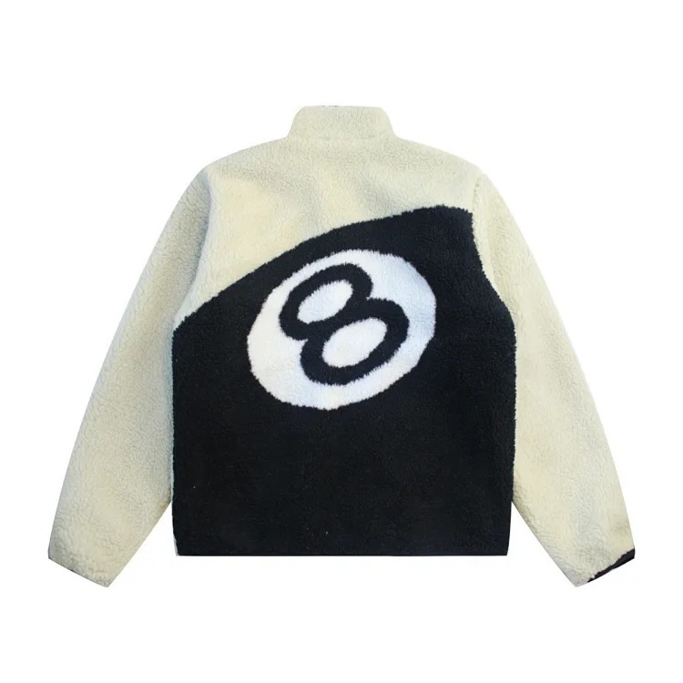 Stussy Black 8-ball imitation lamb wool double-sided coat polar fleece zipper stand collar casual jacket