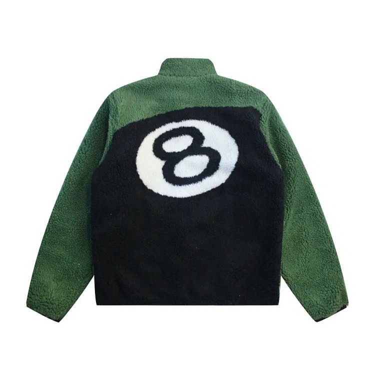 Stussy Black 8-ball imitation lamb wool double-sided coat polar fleece zipper stand collar casual jacket