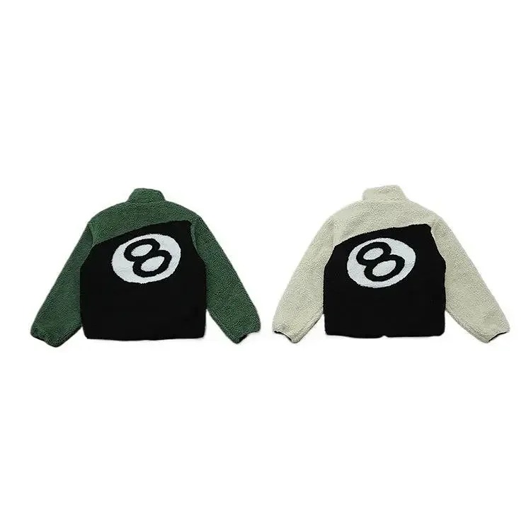 Stussy Black 8-ball imitation lamb wool double-sided coat polar fleece zipper stand collar casual jacket