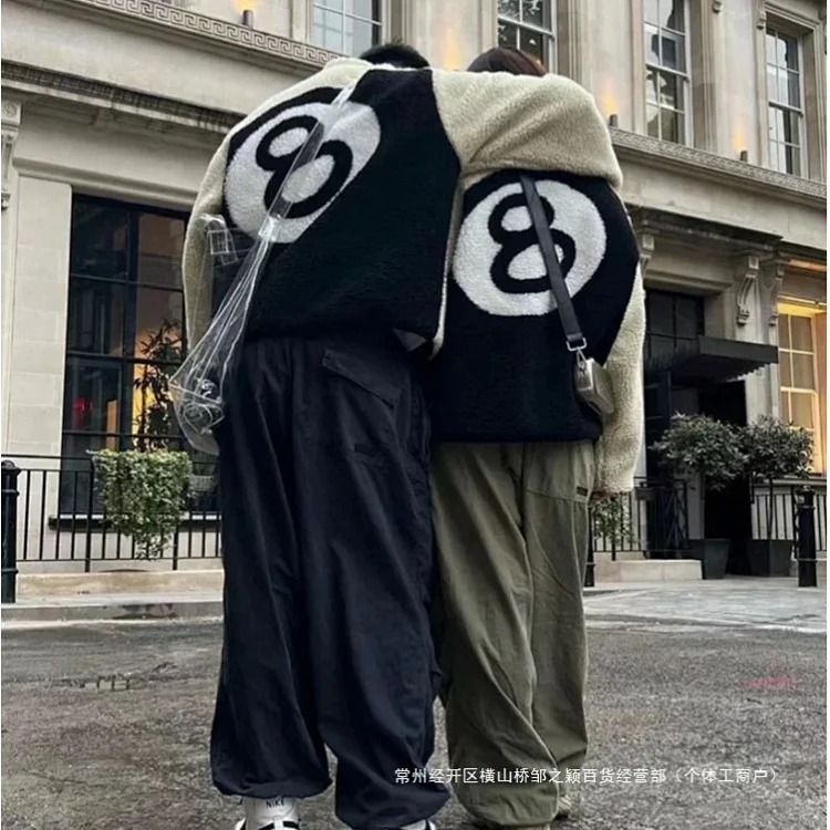 Stussy Black 8-ball imitation lamb wool double-sided coat polar fleece zipper stand collar casual jacket