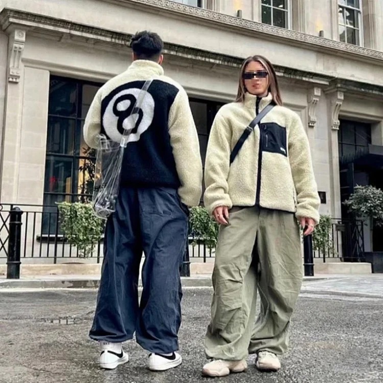 Stussy Black 8-ball imitation lamb wool double-sided coat polar fleece zipper stand collar casual jacket