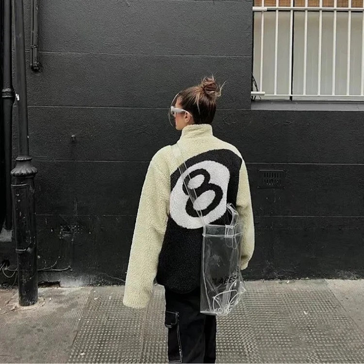 Stussy Black 8-ball imitation lamb wool double-sided coat polar fleece zipper stand collar casual jacket