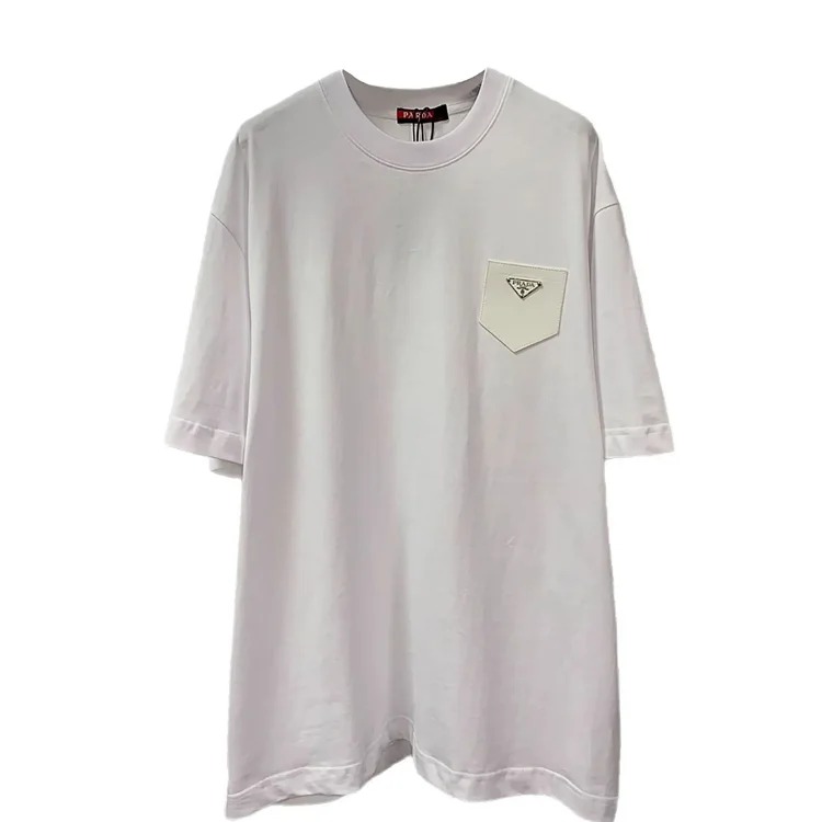 Plain short-sleeved T-shirt for men and women, fake pocket half-sleeved shirt, loose small neckline pure cotton T-shirt