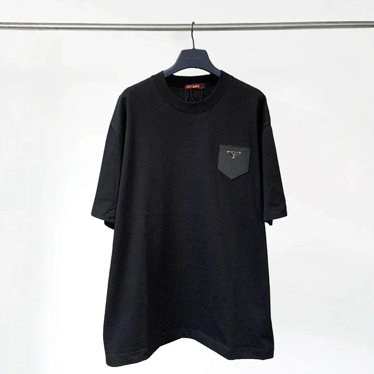 Plain short-sleeved T-shirt for men and women, fake pocket half-sleeved shirt, loose small neckline pure cotton T-shirt