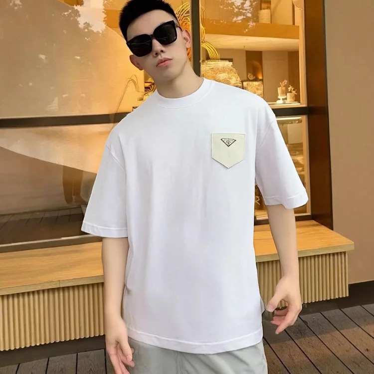 Plain short-sleeved T-shirt for men and women, fake pocket half-sleeved shirt, loose small neckline pure cotton T-shirt