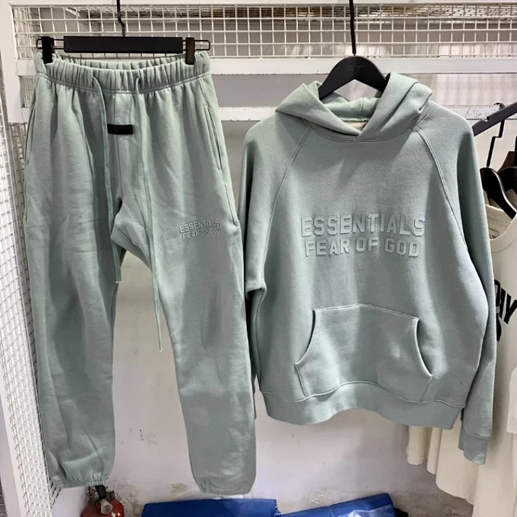 Fear of God FOG high street double line ESSENTIALS three-dimensional silicone letters plus velvet hooded sweatshirt casual trousers suit trendy
