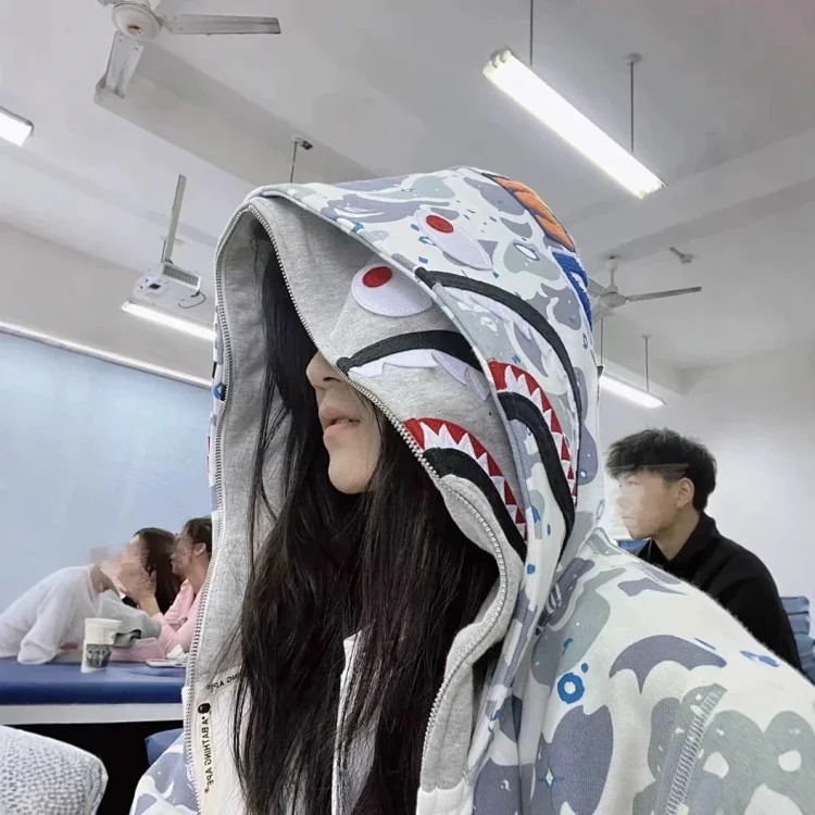 Shark head camouflage zipper hooded jacket sweatshirt men's cardigan