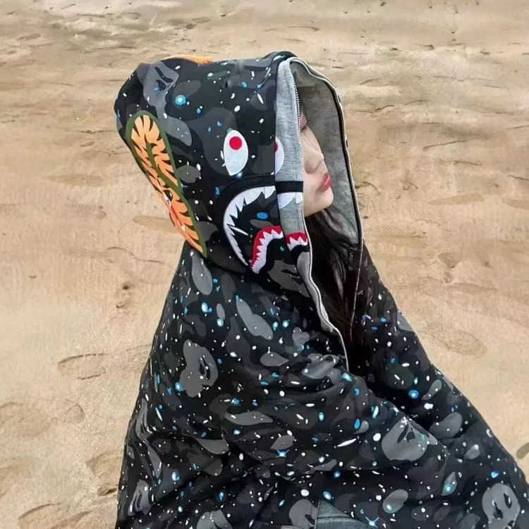 Shark head camouflage zipper hooded jacket sweatshirt men's cardigan