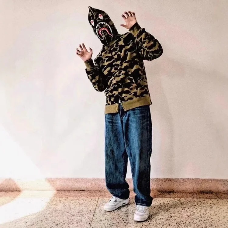 Shark head camouflage zipper hooded jacket sweatshirt men's cardigan