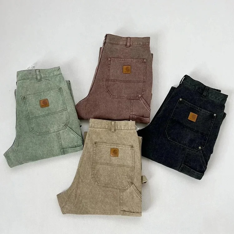 Washed and distressed double-knee rivet logging pants cargo shorts five-quarter length American trendy