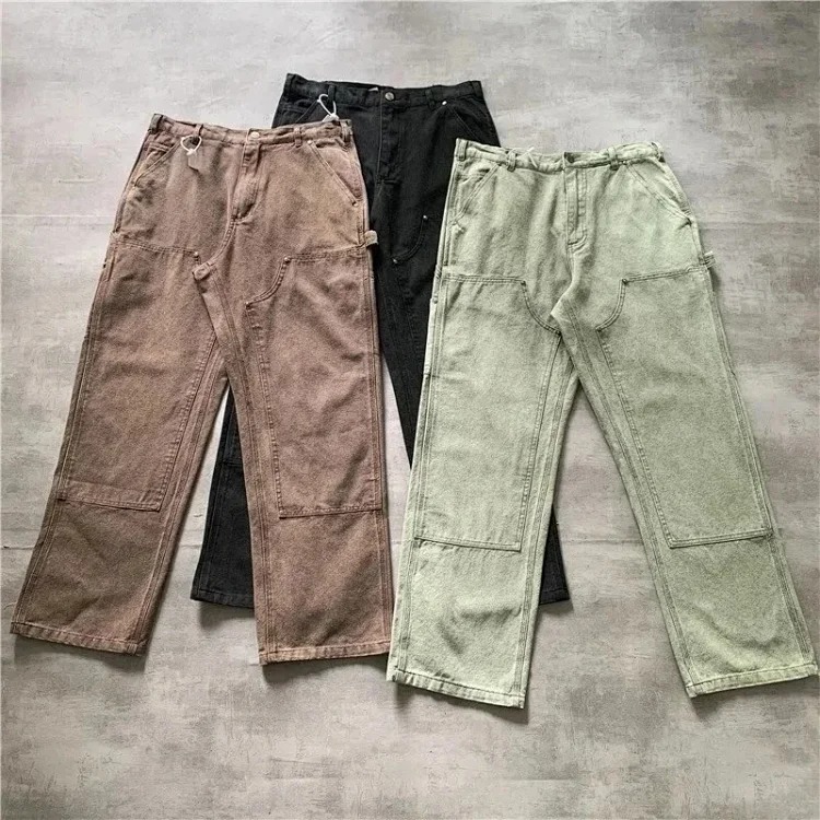 Washed and distressed double-knee rivet logging pants cargo shorts five-quarter length American trendy