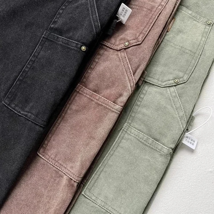 Washed and distressed double-knee rivet logging pants cargo shorts five-quarter length American trendy