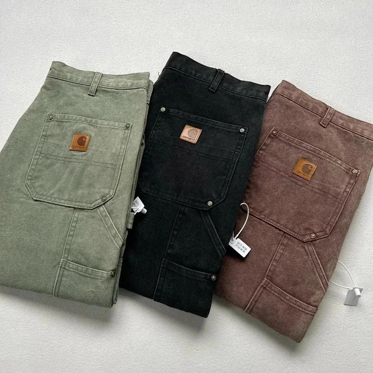 Washed and distressed double-knee rivet logging pants cargo shorts five-quarter length American trendy