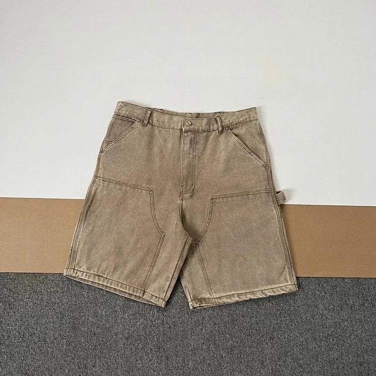 Washed and distressed double-knee rivet logging pants cargo shorts five-quarter length American trendy
