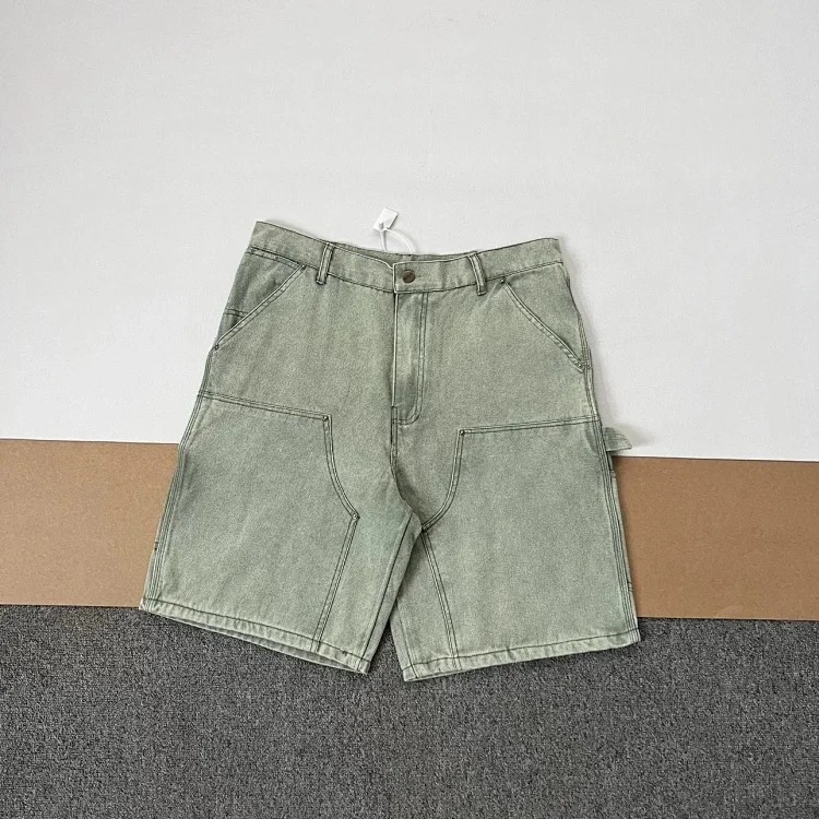 Washed and distressed double-knee rivet logging pants cargo shorts five-quarter length American trendy