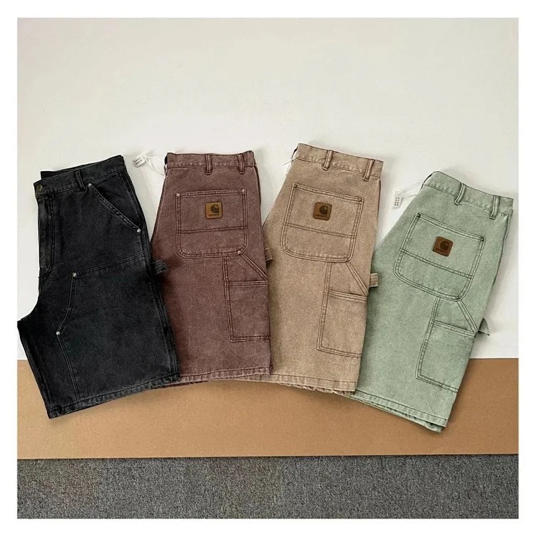Washed and distressed double-knee rivet logging pants cargo shorts five-quarter length American trendy