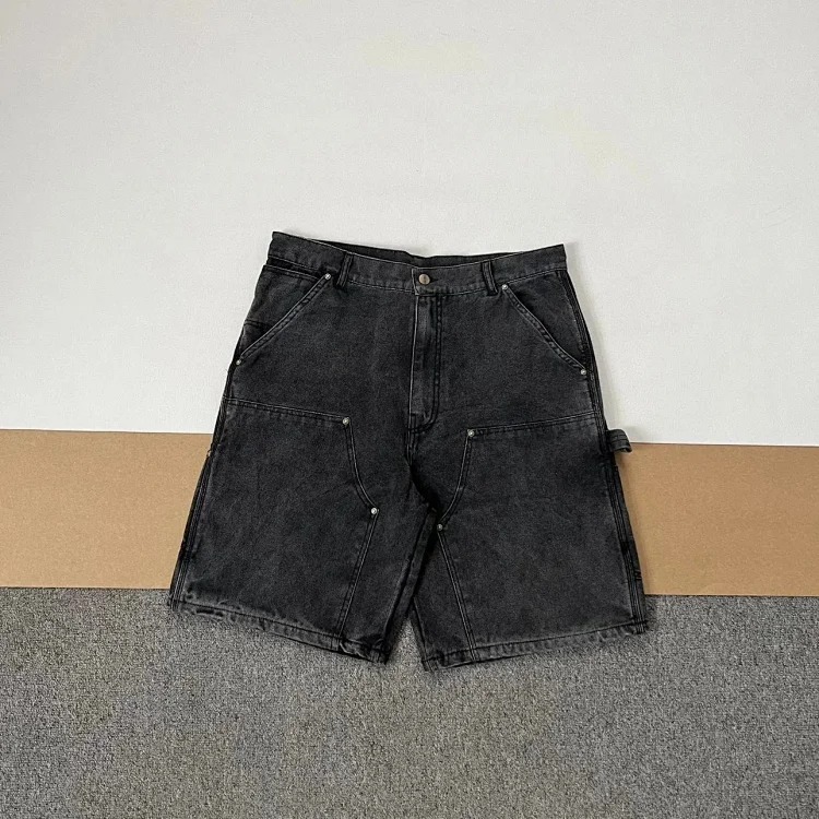 Washed and distressed double-knee rivet logging pants cargo shorts five-quarter length American trendy