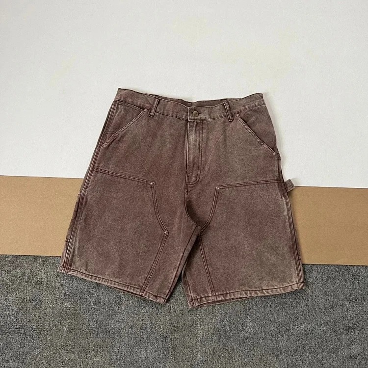 Washed and distressed double-knee rivet logging pants cargo shorts five-quarter length American trendy