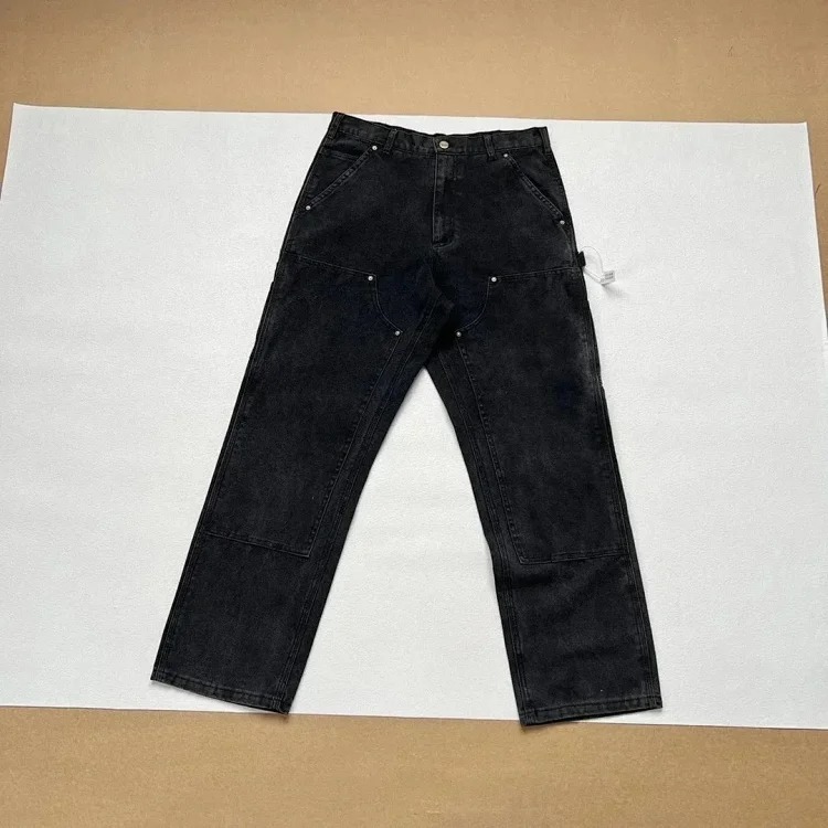 Washed and distressed double-knee rivet logging pants cargo shorts five-quarter length American trendy
