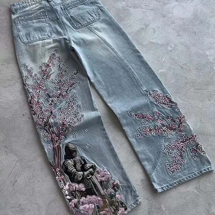 Retro plum blossom embroidered straight pants for men and women, versatile personalized street fashion jeans