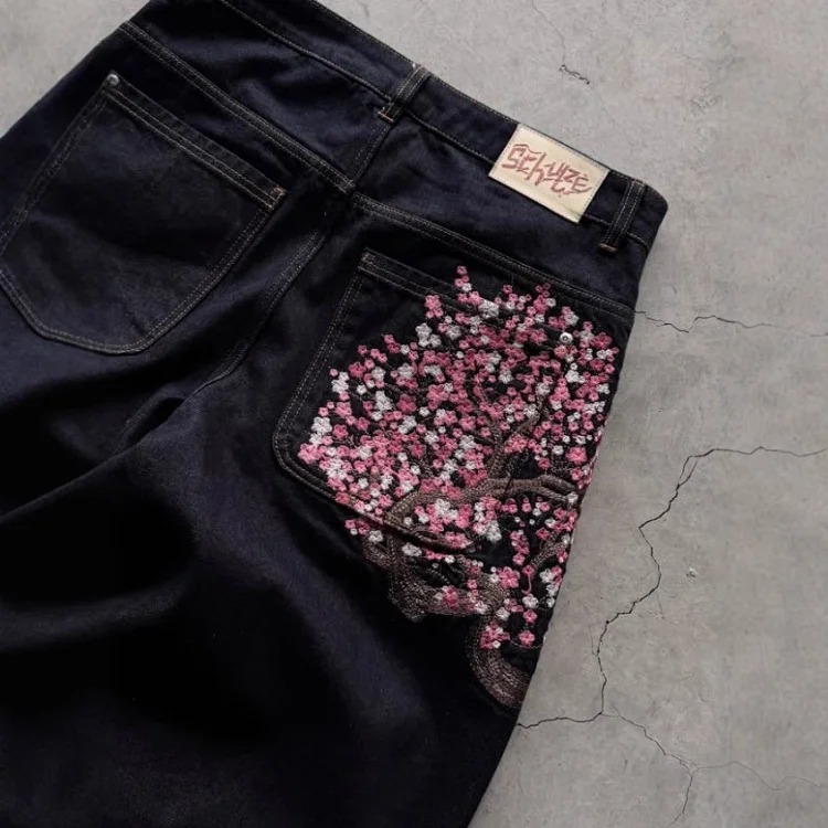 Retro plum blossom embroidered straight pants for men and women, versatile personalized street fashion jeans