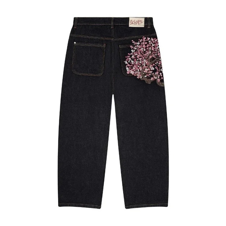 Retro plum blossom embroidered straight pants for men and women, versatile personalized street fashion jeans